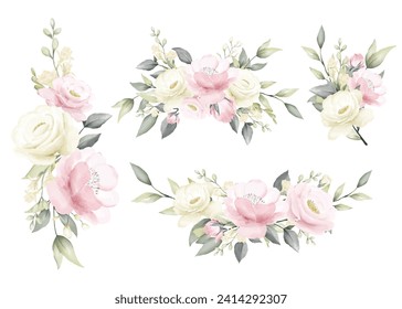 Rose watercolor painting white creamy and pink flower bouquet wedding vector 