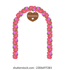 Rose wedding arch. Arch of red and pink climbing roses isolated on white background. Wedding decoration. wooden heart with text wedding. Vector illustration