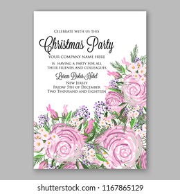 Rose Wedding Invitation, invite card Design  watercolor pink, peach rose ranunculus flower privet blue berry,eucalyptus, autumn fall leaf bouquet, frame border Vector floral garden template