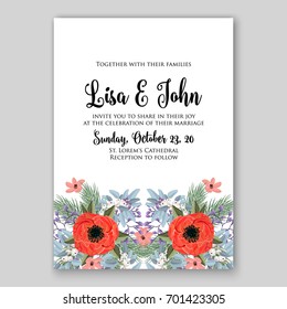Rose Wedding invitation template with floral ornament of peony, ranunculus, anemone, poinsettia, poppy card printable template