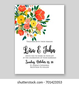 Rose Wedding invitation template with floral ornament of peony, ranunculus, anemone, poinsettia, poppy card printable template