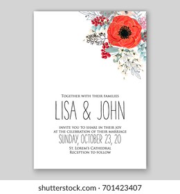 Rose Wedding invitation template with floral ornament of peony, ranunculus, anemone, poinsettia, poppy card printable template