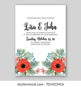 Rose Wedding invitation template with floral ornament of peony, ranunculus, anemone, poinsettia, poppy card printable template