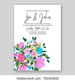 Rose Wedding invitation template with floral ornament of peony, ranunculus, anemone, poinsettia, poppy card printable template