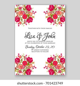 Rose Wedding invitation template with floral ornament of peony, ranunculus, anemone, poinsettia, poppy card printable template