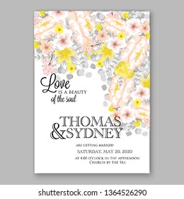 Rose wedding invitation vector card template greenery peony hibiscus