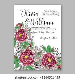Rose wedding invitation vector card template greenery peony hibiscus