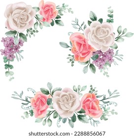 Rose white and pink Watercolor floral arrangement bouquet. Luxurious floral lilac elements, botanical background or wallpaper design, prints and invitations, and postcards.