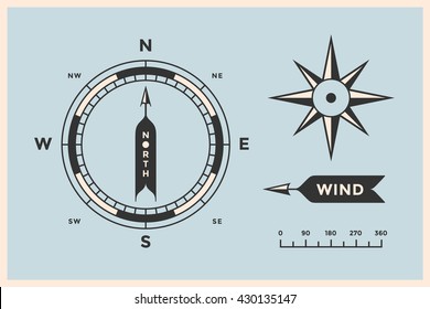 Rose Wind and Compass. Set of vintage arrows, symbols, objects for Navigation. Design elements in retro style for navigation theme on color background. Vector Illustration