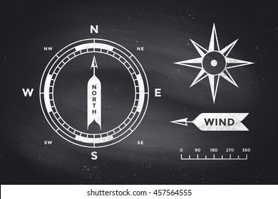 Rose Wind and Compass. Set of vintage arrows, symbols, objects for Navigation. Design elements in retro style for navigation theme on  background. Vector Illustration