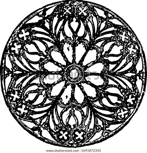 Rose Window is\
divided into compartments by mullions is radiating in a form\
suggestive of a rose, applied to a circular window, vintage line\
drawing or engraving\
illustration.