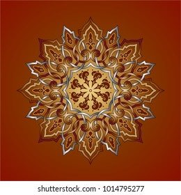 A rose window inspired by a Russian motif, remarkable by these above, below, a vector image as a mandala in copper and silver colors on a brown background.