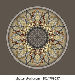 A Rose Window Inspired By A Russian Motif, Remarkable By These Above, Below, A Vector Image As A Mandala In Copper, Gold And Gray On A Taupe Background.