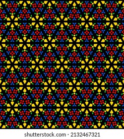 Rose window, stained glass design, tile with seamless, endless pattern. Hexagonal arranged triangles with textured effect, and with colorful patterns, according to a church window with coloured glass.