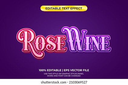 Rose wine 3d text effect with rose and wine theme. typography template for red and purple food or beverage products.