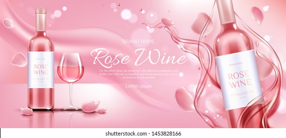 Rose wine bottle and glass mockup banner. Closed flask and wineglass with alcohol vine drink on pink background with flower petals and liquid splash, ad promo template Realistic 3d vector illustration