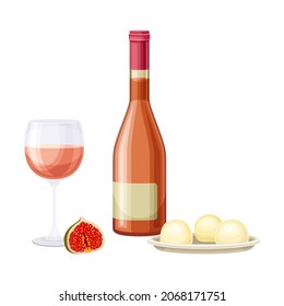 Rose Wine in Bottle and Glass Served with Cheese and Fig Vector Illustration