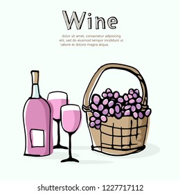 Rose wine and grapes in wicker basket. Sketchy composition with bottle, glasses and fresh berries. Wine-making theme hand drawn elements and text with offset effect. Vector illustration.