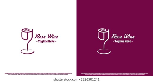 Rose wine logo design illustration. Simple flat line silhouette creative rose wine glass minimalist elegant luxury classic modern night club bar alcoholic beverage bordeaux red wine.