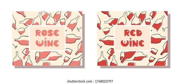 rose wine and red wine rectangular posters and labels with hand drawn bottles and glasses filled with wine on soft paper like background - flat vector illustration
