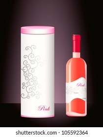 Rose wine with sample labels with gift box on the dark background
