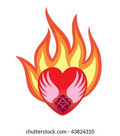 A rose with wings inside a love shape with fire flaming at the back.