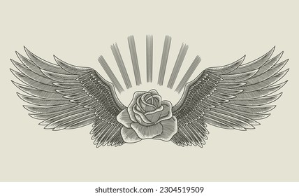 Rosa con alas. ilustración vectorial de grabado vintage
