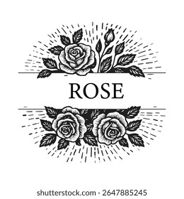 Rose Woodcut Floral Line Art, Elegant Vintage Illustration for Packaging, Labels and Craft Design