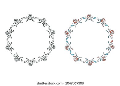 Corona rosa, marco decorativo. Flor de doodle dibujada a mano, hojas, trazo de pincel de tinta negra, de color azul rosa. Fondo blanco. Vector