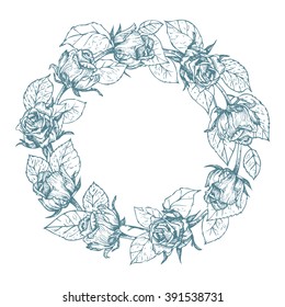 Rose wreath - elegant vector floral wreath, monochrome, no background
