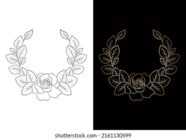 Rose wreath. Golden frame. roses. Isolated on a white background.
