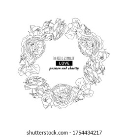 Rose wreath vector in eps. Outline roses in circle composition. Bloom, buds, flowers.The concept of wedding and Valentine's day. Flower poster, invite. Vector schemes for greeting cards or invitations