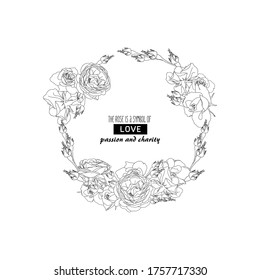 Vector de corona de rosa en eps. Rasas de contorno en composición de círculo. Bloom, amigos, flores. El concepto de boda y el día de San Valentín. Afiche de flores, invitación. Sistemas vectores para tarjetas de felicitación o invitaciones