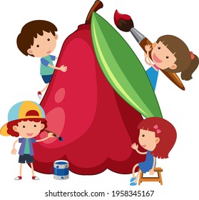 Roseapple with many children cartoon character isolated illustration