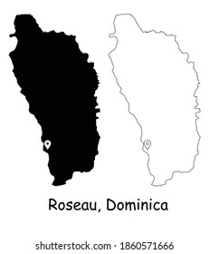 Roseau Dominica. Detailed Country Map with Location Pin on Capital City. Black silhouette and outline maps isolated on white background. EPS Vector
