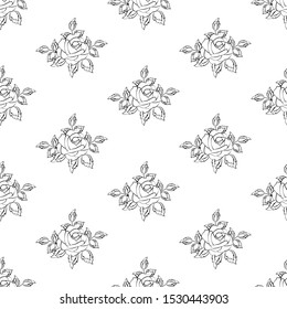 Rosebud flower outline seamless pattern on the white background. Vector illustration