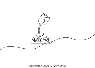 Rosebud na grama contínua uma linha arte desenho minimalista esboço vetor ilustração