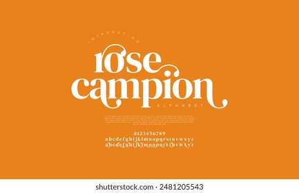 Rosecampion premium luxury elegant alphabet letters and numbers. Vintage wedding typography classic serif font decorative vintage retro. creative vector illustration