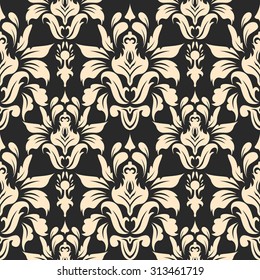 Rose-colored floral seamless pattern on a dark background. Classic eastern damask style. Suitable for wallpapers, backgrounds and site design. 
