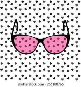 Rose-colored glasses pattern. white background. Black, red heart. Illusion