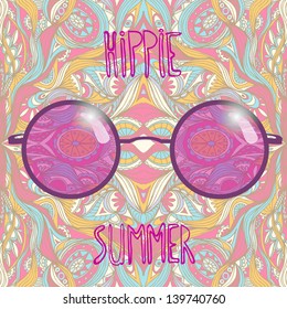 Rose-colored spectacles hippie sun glasses. Summer postcard. Vector illustration