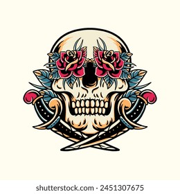 a rose-edged skull and knife decorate the bottom