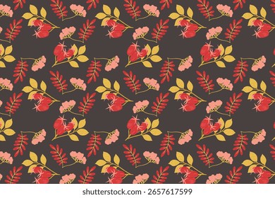 Patrón de rosa mosqueta y bayas de otoño: muestra disponible en el panel de muestras: fondo oscuro sin fisuras con frutas rojas y hojas doradas