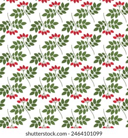 Rosehip with berries and leaves Seamless pattern in trendy soft shades Botanical background Texture