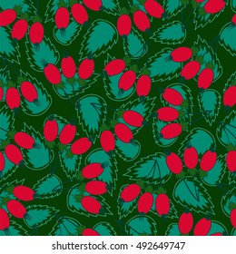 Rosehip berries and leaves. Seamless pattern. Vector illustration.