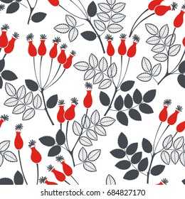Rosehip berries. Seamless vector pattern. Floral background.