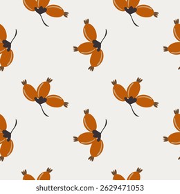 Rosehip berry pattern on print. Sample for printing on wrapping paper, wallpaper, upholstery fabric. Seamless pattern in autumn shades. Fragment of the general canvas. Hand drawn. Vector illustration