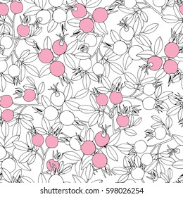 Rosehip branch with berries. Spring seamless pattern.