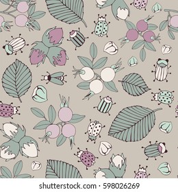 Rosehip branch with berries. Spring seamless pattern.