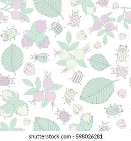 Rosehip branch with berries. Spring seamless pattern.